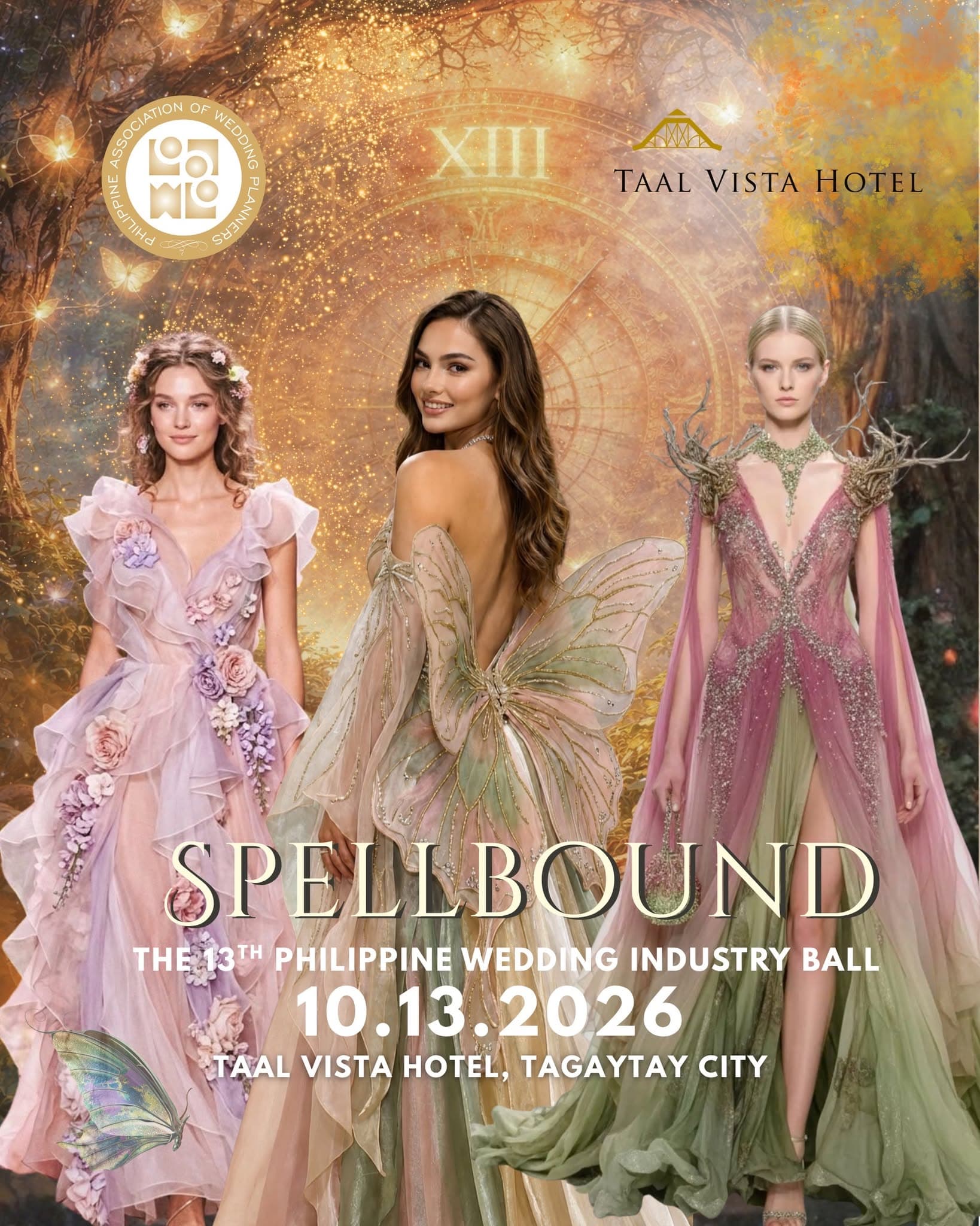 Spellbound attire reference with blush, sage, and ivory formal wear